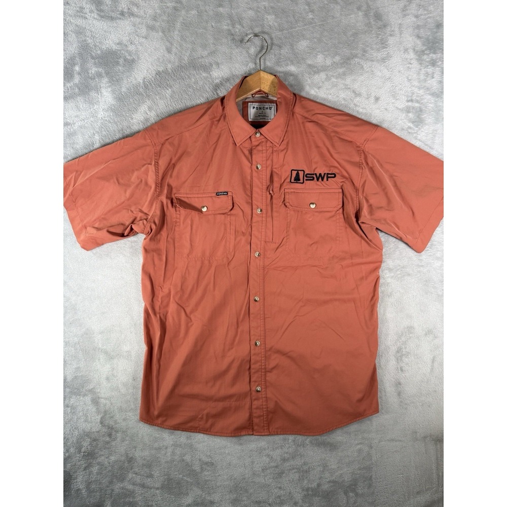 Poncho Shirt Mens Medium Orange Regular Fit Pocket Vented Fishing Button Up